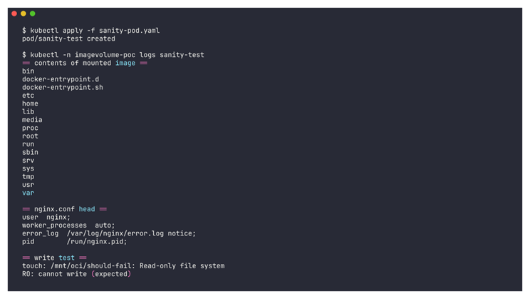 Logs du pod sanity-test ImageVolume Kubernetes : rootfs nginx visible, nginx.conf lisible, écriture refusée