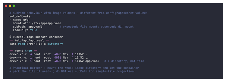 Pod tentant subPath sur ImageVolume : le mountPath devient un répertoire au lieu d'un fichier